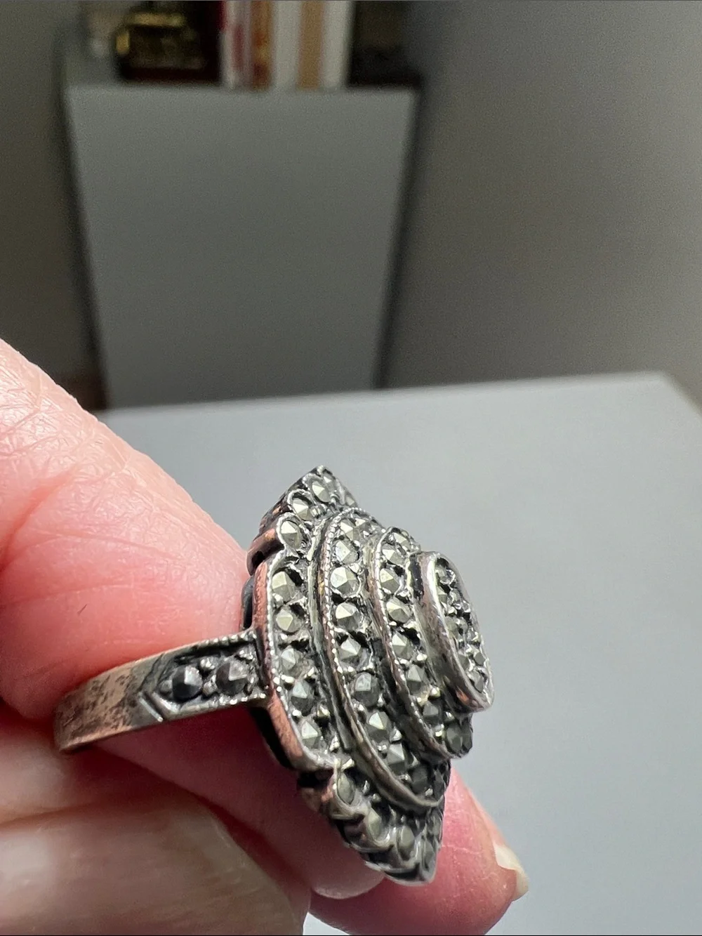 Unique Silver- Tone Black Marcasite Stones in an Oval Cluster Ring Vintage